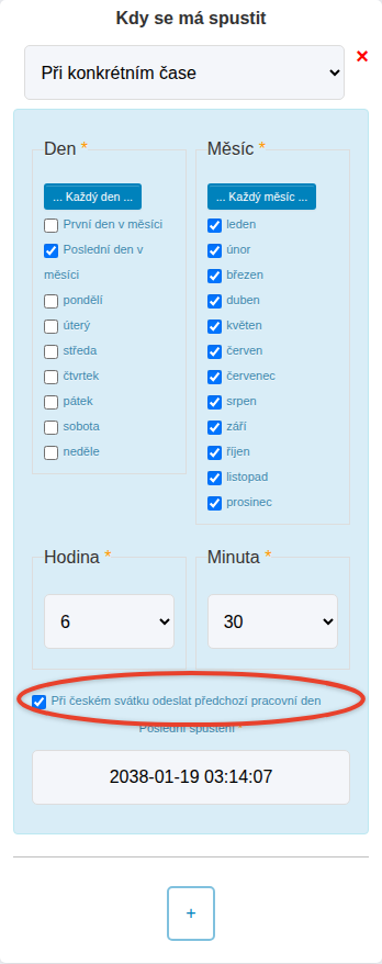 Nastavení spuštění reportu s volbou Při českém svátku odeslat předchozí pracovní den